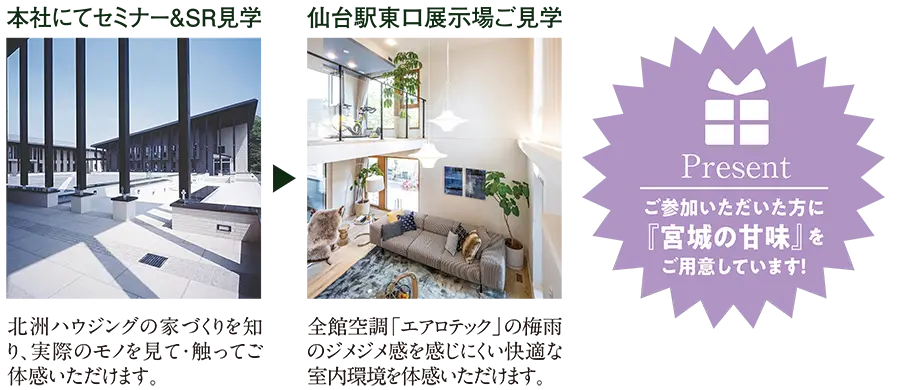 スケジュール
本社にてセミナー＆SR見学＞仙台駅東口展示場ご見学
Present
ご参加いただいた方に『宮城の甘味』をご用意してます！